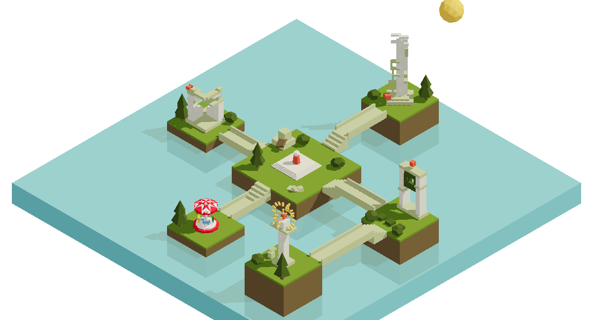 Orthographic low-poly archive with square platforms, bridges, towers, water, trees, and a small traveler.